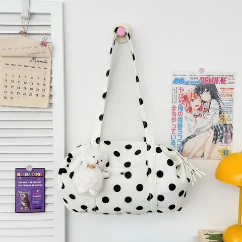 Borsa Tote in Nylon a Pois Stampato Casual Con Ciondolo in Peluche Borsa a Spalla Alta Capacità Borsa della Spesa da Donna