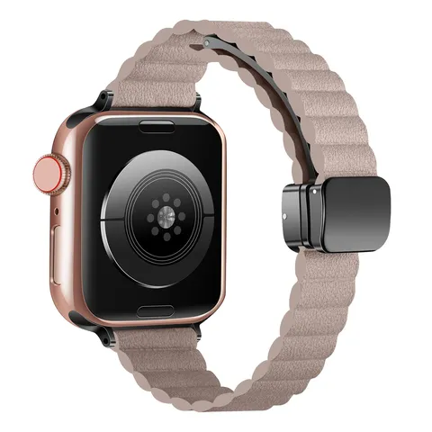 Smart Watch Leather Band Magnetic Folding Buckle Watch Strap Water Ripple Replacement Wristband For Men Women