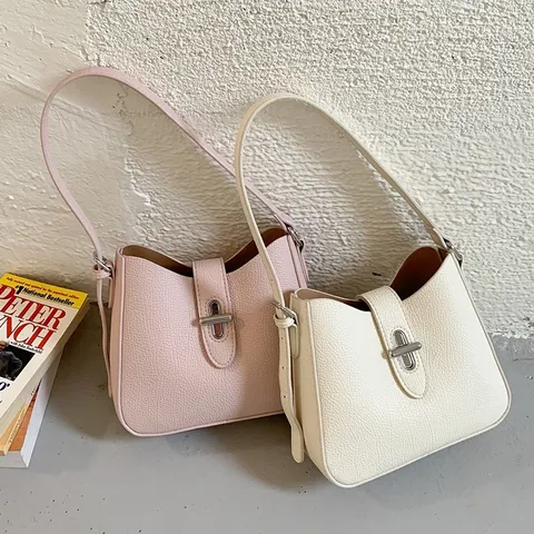 Minimalistische PU Leder Beuteltasche Für Damen Lychee Muster Schulter Unterarm Tasche Drehverschluss Pendeln Handtasche