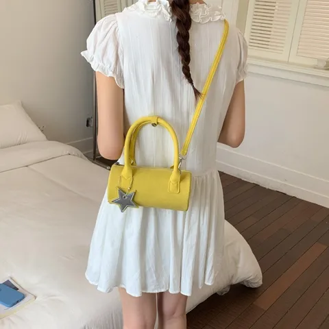 Women Korean Niche PU Cylindrical Baguette Bag Solid Color Shoulder Crossbody Cylindrical Handbag With Star Pendant Daily Purse