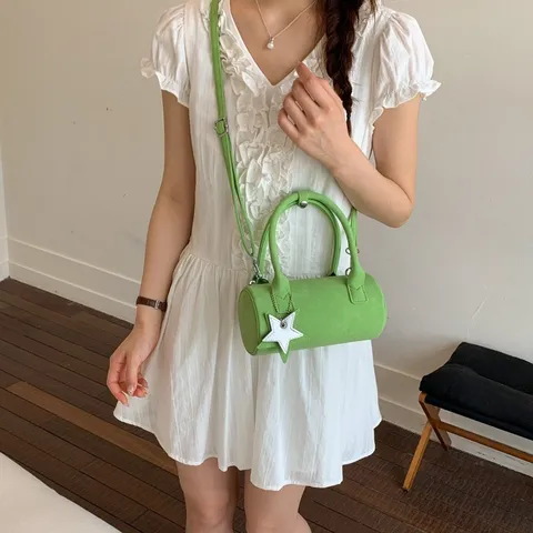 Women Korean Niche PU Cylindrical Baguette Bag Solid Color Shoulder Crossbody Cylindrical Handbag With Star Pendant Daily Purse