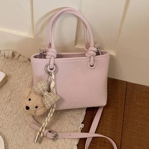 Damen PU Leder Eimertasche Minimalistisch Knoten Griff Handtasche Mit Bärenanhänger Mode Pendler Schulter Umhängetasche