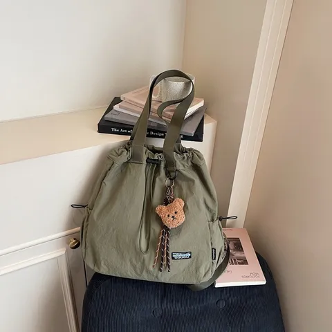 Korean Style Canvas Drawstring Bucket Backpack For Women Large Capacity Multi-functional Shoulder Bag With Bear Pendant