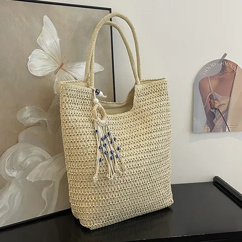 Damen Mode Stroh Gewebte Tragetasche Große Kapazität Lässige Strand Umhängetasche Mit Quaste Böser Blick Anhänger Urlaub Handtasche