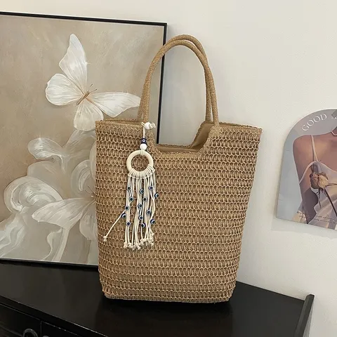 Damen Mode Stroh Gewebte Tragetasche Große Kapazität Lässige Strand Umhängetasche Mit Quaste Böser Blick Anhänger Urlaub Handtasche