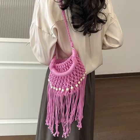 Womens Summer Vacation Cotton Rope Woven Bucket Bag Hollow Out Tassel Handbag Casual Beach Shoulder Crossbody Bag