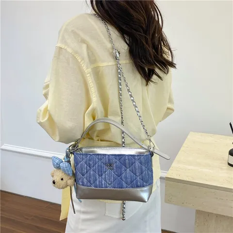 Moda Casual Trapuntato Denim Tessuto Borsa a Tracolla Classico Cucitura Catena Spalla Tracolla Borsa da Donna Quotidiano