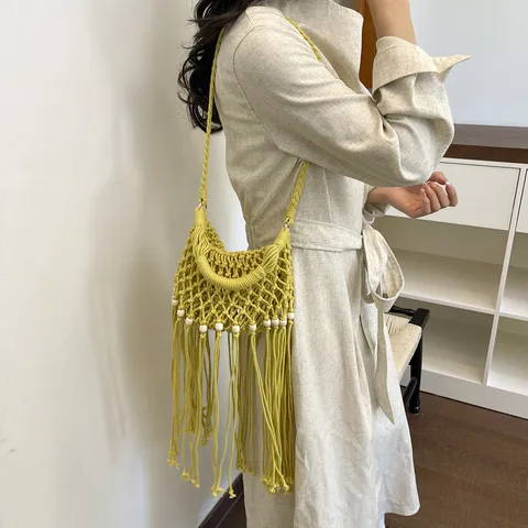 Womens Summer Vacation Cotton Rope Woven Bucket Bag Hollow Out Tassel Handbag Casual Beach Shoulder Crossbody Bag