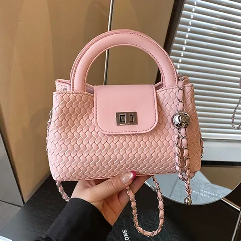 Womens Woven Crossbody Bag PU Leather Handbag Stylish Chain Shoulder Bag Casual Top Handle Satchel Purse For Daily