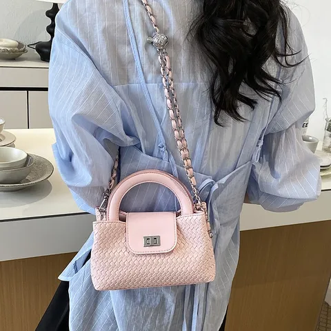Womens Woven Crossbody Bag PU Leather Handbag Stylish Chain Shoulder Bag Casual Top Handle Satchel Purse For Daily