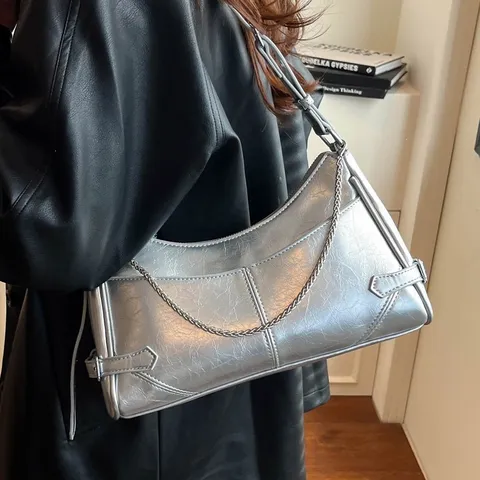 Borsa da Sottoascella in Pelle PU Vintage da Donna Moda Catena Tracolla Spalla Borsa Quadrata Classico Tinta Unita Baguette