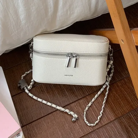 Sac Seau Bandoulière en Cuir PU Mode Avec Bandoulière Chaîne Détail de Surpiqûres Double Fermeture Éclair Couleur Unie Petit Sac Boîte Pour Cadeau Femme Quotidien Décontracté