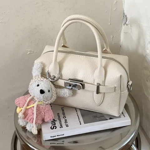 Damen Litschimuster PU Leder Bowling Kissentasche Einfarbig Schulter Umhängetasche Mit Metallschnalle Retro Stil Satchel
