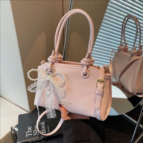 Damen Urban Minimalistisch PU Leder Eimertasche Nähte Design Große Kapazität Schultertasche Umhängetasche Mode Einfarbig Handtasche Mit Künstliche Perle Schleife Anhänger