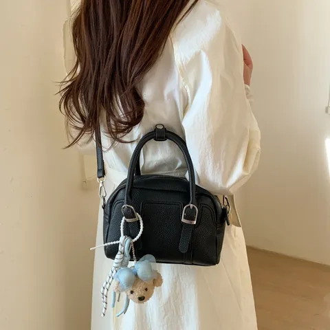 Korean Style Women Boston Bag PU Leather Shoulder Crossbody Bag With Cute Plush Bear Charm Sweet Commuter Tote Small Handbag