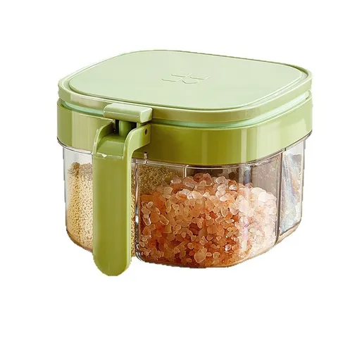 Caja de Condimentos de 4 Compartimentos Tarro de Especias de Plástico Transparente Con Tapa y Cuchara Contenedor de Almacenamiento de Cocina Organizador