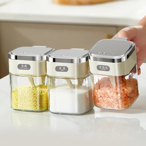 Frasco de Especias de Vidrio Cocina Contenedor Transparente con Tapa y Cuchara Botella de Almacenamiento de Sal y Azúcar Suministros de Cocina Modernos