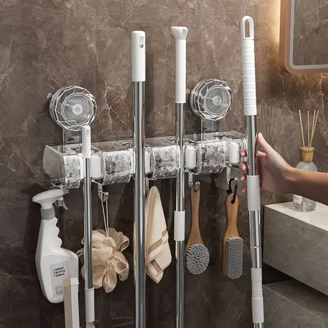 Abs Pet Soporte para Mopa Sin Perforación Montado en la Pared Ventosa Colgador de Escoba Organizador de Almacenamiento de Baño