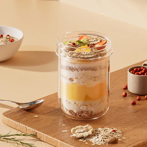 Conteniteur en Verre pour Flocons d'Avoine avec Couvercle et Cuillère Tasse de Petit-Déjeuner Claire Tasse à Lait Pot de Yaourt Cuisine