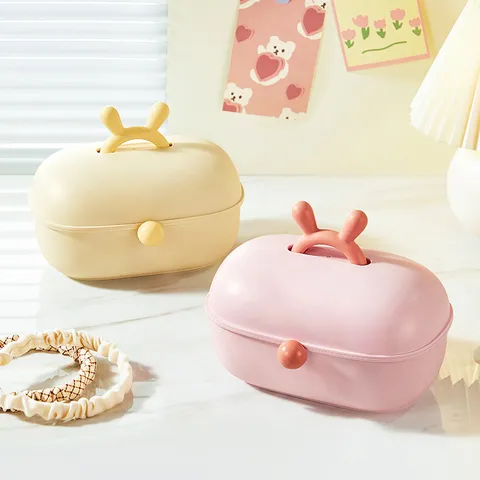 Caja de Almacenamiento de Joyas con Orejas de Conejo para Niños Organizador de Accesorios para el Cabello de Compartimentos Múltiples Estuche de Escritorio Lindo de Plástico