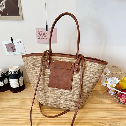 Sac Fourre-Tout en Paille Tissée Grande Capacité pour Femme Sac à Épaule Polyvalent Sac à Main en Paille et Cuir PU