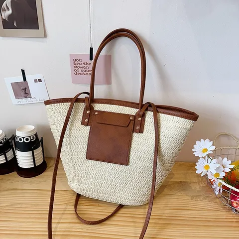 Sac Fourre-Tout en Paille Tissée Grande Capacité pour Femme Sac à Épaule Polyvalent Sac à Main en Paille et Cuir PU