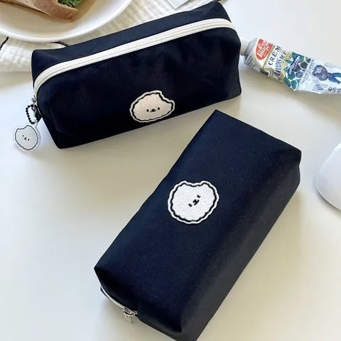 Black Canvas Pencil Case Large Capacity Cute Puppy Embroidery Pen Bag Student Stationery Storage Pouch Cosmetic Bag
