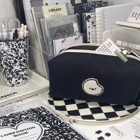 Black Canvas Pencil Case Large Capacity Cute Puppy Embroidery Pen Bag Student Stationery Storage Pouch Cosmetic Bag
