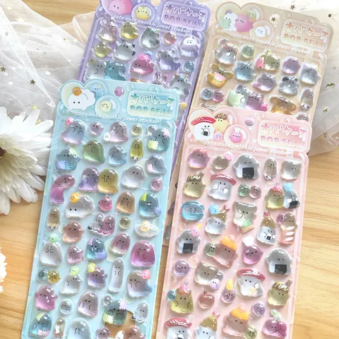 3D Relief Crystal Sticker Cute Cartoon Ghost Family Puffy Sticker Children Diy Scrapbook Phone Case Decorative Decals