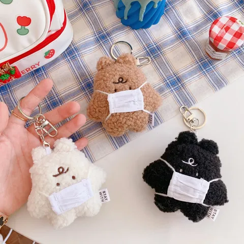 Plush Bear Keychain Cute Mask Bear Bag Charm Cartoon Couple Doll Key Ring Fluffy Animal Pendant Fashion Accessories