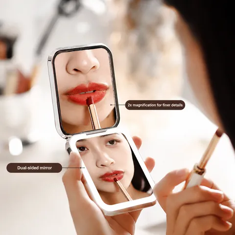 Portable Foldable LED Makeup Mirror Double Sided Lighted Compact Pocket Mirror USB Rechargeable Travel Vanity Mirror Silver
