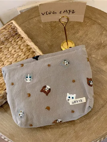 Canvas Cute Cat Embroidery Makeup Bag Japanese Style Portable Lipstick Storage Pouch Multifunctional Pencil Case