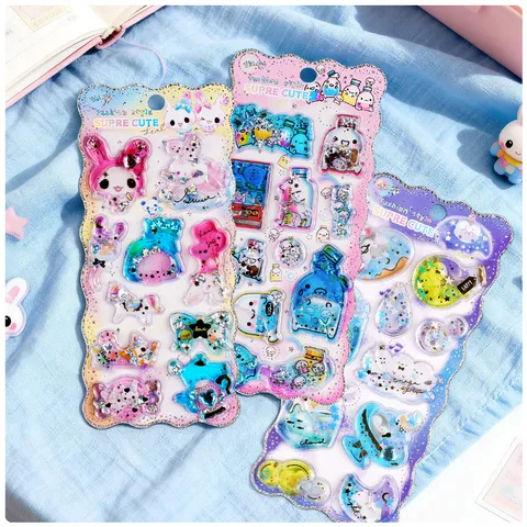 Children Cartoon Quicksand Oil Filling Stickers Stereoscopic Water Injection Shiny Sequins Decorative Craft Stickers