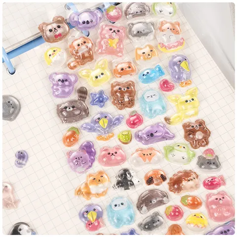 3D Embossed Crystal Stickers Cute Cartoon Animals Sushi Food Decorative PVC Sticker For Kids DIY Handcraft Phone Decal