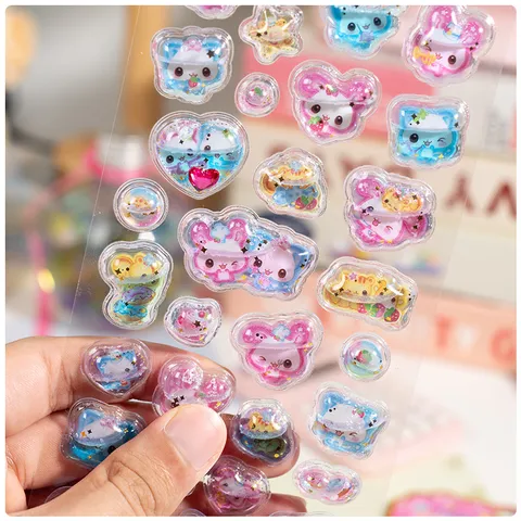 Children 3D Stereo Shaking Water Injection Stickers Cute Cartoon Quicksand Liquid PVC Decals For DIY Scrapbook