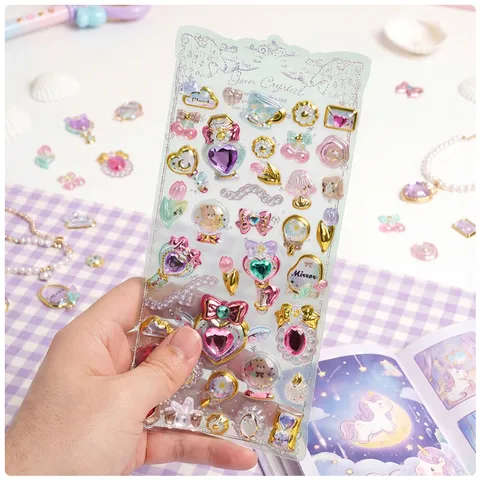Kawaii 3D Resin Gemstone Magic Wand Unicorn Hot Stamping Rhinestone Decorative Stickers For Journal DIY