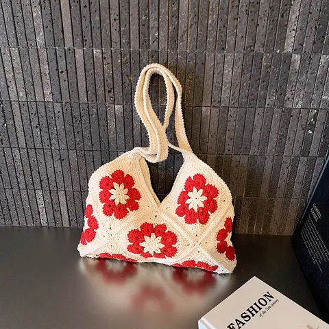 Handgehäkelte Knit Tragetasche Für Damen Ausgehöhlt Blumen Strand Handtasche Lässige Kontrastfarbe Unterarm Tasche