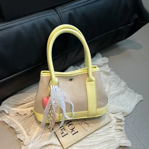 Women Fashion Canvas PU Leather Colorblocked Handbag Casual Tote Crossbody Bag With Pendants Elegant Top Handle Bag