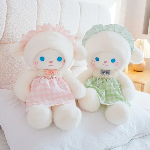 Cute Princess Dress Plush Sheep Rabbit Stuffed Animal Toy Sweet Plaid Dress Lace Hat Pearl Necklace Soft Hugging Companion Kids Gift