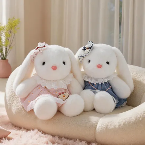 Cute Princess Dress Plush Sheep Rabbit Stuffed Animal Toy Sweet Plaid Dress Lace Hat Pearl Necklace Soft Hugging Companion Kids Gift