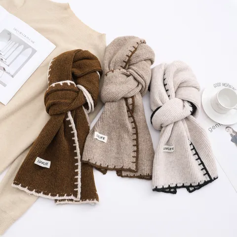 Dames Winter Warme Wollen Mix Sjaal Contrast Stiksteek Rand Dagelijks Casual