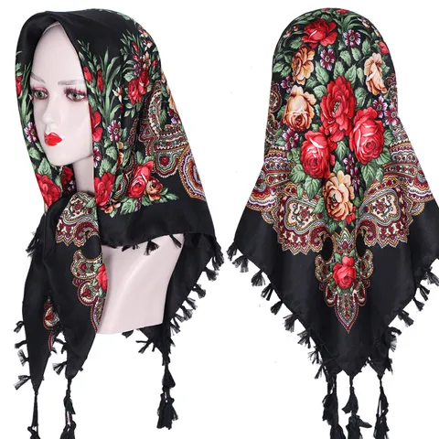 Etnische Stijl Bloemen Bedrukt Kwast Vierkante Sjaal Vrouwen Retro Stofdicht Hoofddoek Mode Veelzijdige Sjaal