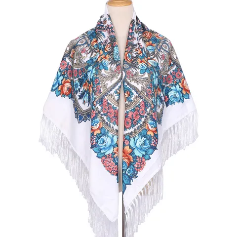 Vrouwen Etnische Vintage Bloemenprint Grote Vierkante Sjaal Kwast Franje Sjaal Warme Polyester Mode Omslagdoek
