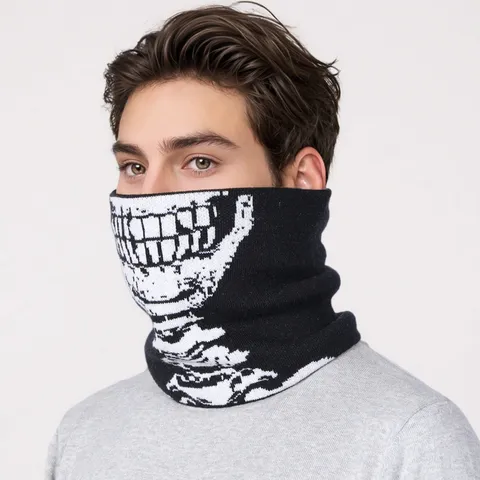 Winter Fleece Verdikte Gebreide Nekwarmer Mannen Vrouwen Halloween Schedel Patroon Winddichte Sjaal Thermische Nekomslag