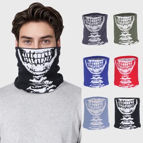 Winter Fleece Verdikte Gebreide Nekwarmer Mannen Vrouwen Halloween Schedel Patroon Winddichte Sjaal Thermische Nekomslag