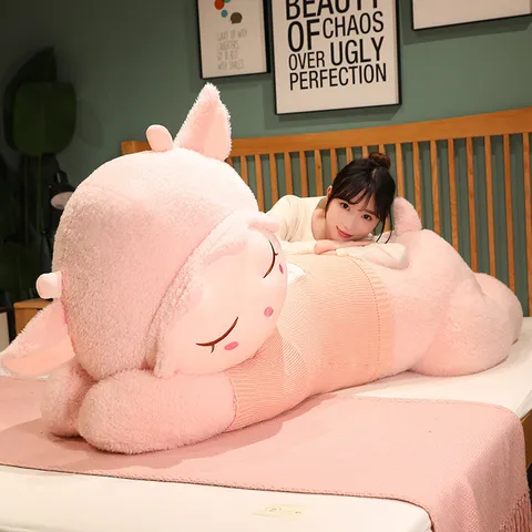 Giant Cute Sheep Plush Toy Lying Lamb Stuffed Animal Pillow Soft Bed Long Body Pillow Gift For Girls Kids Room Decor