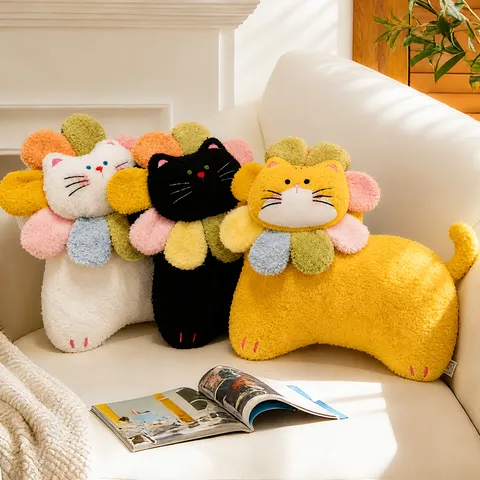 Cute Cat Plush Pillow Stuffed Animal Toy Flower Neck Ring Soft PP Cotton Cushion for Girls Room Home Decor