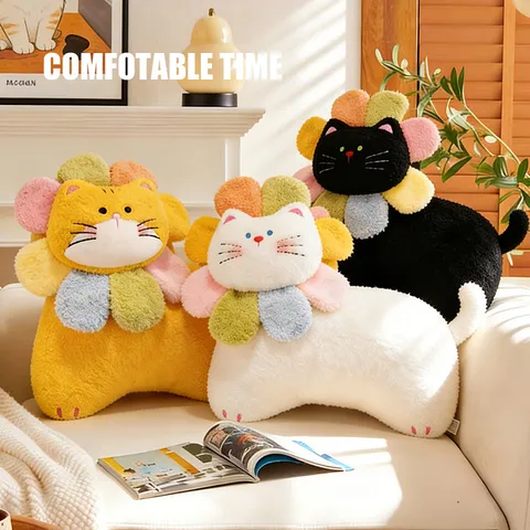 Cute Cat Plush Pillow Stuffed Animal Toy Flower Neck Ring Soft PP Cotton Cushion for Girls Room Home Decor
