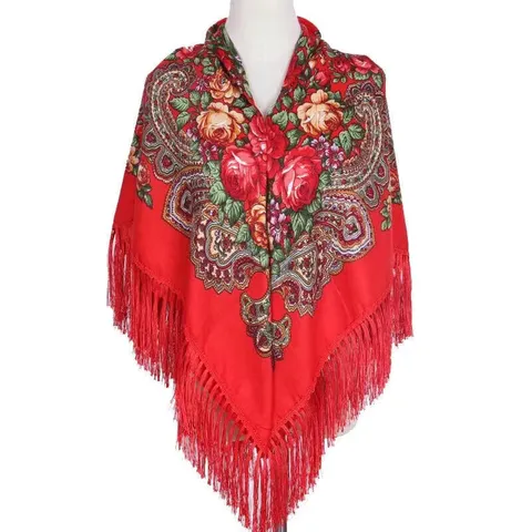 Dames Etnische Stijl Bloemenprint Kwastje Sjaal Retro Russische Vierkante Sjaal Zachte Twill Katoen Warme Hoofdsjaal