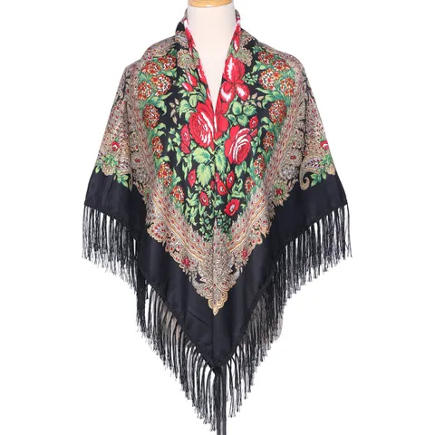 Dames Retro Bloemen Bedrukt Kwastjes Sjaal Vierkante Doek Polyester Etnische Stijl Dagelijks Reizen Zonwering